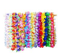 Hawaiian Leis Garland Necklace,36Pcs Colorful Ruffle Rainbow Flowers,Tropical Luau Flower Lei Silk for Summer Theme Dress Party Decorations Favors