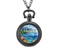 Hawaiian Life Sea Fish Vintage Pocket Watch Alloy Pendant Watches Necklace Gift for Men Women Black-Style