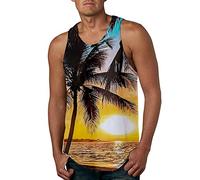 Hawaiian Long Shirt Men's Fashion Print Vest Loose Fit Summer Top Breathable Undershirt Sleeveless Top with Crew Neck Comfortable Sports Shirt Vest Stretch Training Shirt, Yellow 1, 3XL