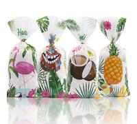 Hawaiian Luau Cellophane Treat Bags, 100pcs Flamingo Coconut Pineapple Palm Tree Print Summer Tropical Aloha Themed Goodie Bags Plastic Candy Clear Gift Party Favor Bags for for Holiday Hawaii Supplie