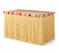Hawaiian Luau Grass Table Skirt with Flowers - Tropical Tiki Bar Table Decoration 100cm x 60cm Hula Table Fringe Cover for Hawaiian Party Decorations, BBQ, Beach, Pool & Summer Party (4 Meter Length)