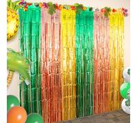 Hawaiian Luau Party Foil Fringe Curtains, Hawaiian Luau Party Decorations Backdrop 2 Packs of 3.3x6.6 Ft Green Rose Gold and Yellow Tinsel Photo Booth Prop