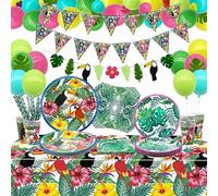 Hawaiian Luau Party Supplies - Tropical Birthday Banner, Latex Balloon, Palm Leaves, Hibiscus Flowers, Paper Plates, Napkins, Cups and Tablecloth for Aloha Summer Party Decorations, Serves 20 Guest