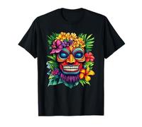 Hawaiian Luau Tropical Flowers Polynesian Tiki Mask T-Shirt