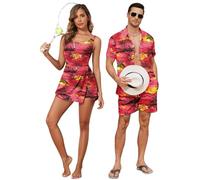 Hawaiian Matching Couple Outfits Couples Clothing One Piece Flower Split Tropical Print Swimdress with Pockets or Men Shirt Suit for Beach Vacation