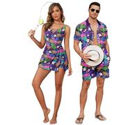 Hawaiian Matching Couple Outfits Couples Clothing One Piece Flower Split Tropical Print Swimdress with Pockets or Men Shirt Suit for Beach Vacation-W