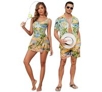 Hawaiian Matching Couple Outfits Couples Clothing One Piece Flower Split Tropical Print Swimdress with Pockets or Men Shirt Suit for Beach Vacation