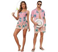 Hawaiian Matching Couple Outfits Couples Clothing One Piece Flower Split Tropical Print Swimdress with Pockets or Men Shirt Suit for Beach Vacation