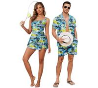 Hawaiian Matching Couple Outfits Couples Clothing One Piece Flower Split Tropical Print Swimdress with Pockets or Men Shirt Suit for Beach Vacation-W