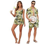 Hawaiian Matching Couple Outfits Couples Clothing One Piece Flower Split Tropical Print Swimdress with Pockets or Men Shirt Suit for Beach Vacation-W