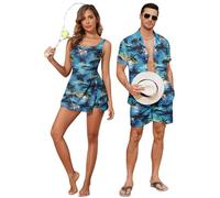 Hawaiian Matching Couple Outfits Couples Clothing One Piece Flower Split Tropical Print Swimdress with Pockets or Men Shirt Suit for Beach Vacation