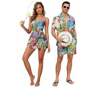 Hawaiian Matching Couple Outfits Couples Clothing One Piece Flower Split Tropical Print Swimdress with Pockets or Men Shirt Suit for Beach Vacation