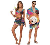 Hawaiian Matching Couple Outfits Couples Clothing One Piece Flower Split Tropical Print Swimdress with Pockets or Men Shirt Suit for Beach Vacation