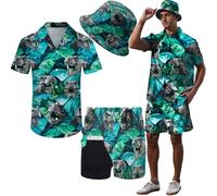 Hawaiian MenS 2 Piece Outfits Rave Duck Shirts Shorts Outfits Tropical Set with Hat, 3d-dinosaur, Medium