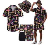 Hawaiian MenS 2 Piece Outfits Rave Duck Shirts Shorts Outfits Tropical Set with Hat, Colorful Trippy Mushroom, Large