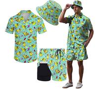 Hawaiian MenS 2 Piece Outfits Rave Duck Shirts Shorts Outfits Tropical Set with Hat, Geometric Duck, Large