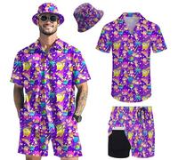 Hawaiian MenS 2 Piece Outfits Rave Duck Shirts Shorts Outfits Tropical Set with Hat, Geometry Monkey(with Bucket), XL