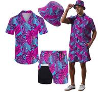 Hawaiian MenS 2 Piece Outfits Rave Duck Shirts Shorts Outfits Tropical Set with Hat, Leaf & Pineapple + Hat, Large