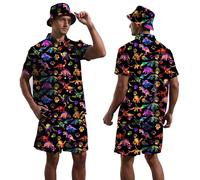 Hawaiian MenS 2 Piece Outfits Rave Duck Shirts Shorts Outfits Tropical Set with Hat, Rainbow Dinosaur, S