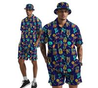 Hawaiian MenS 2 Piece Outfits Rave Duck Shirts Shorts Outfits Tropical Set with Hat, Trippy Neon Party + Hat, XXL