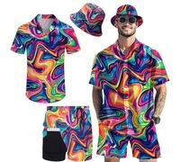 Hawaiian MenS 2 Piece Outfits Rave Duck Shirts Shorts Outfits Tropical Set with Hat, Trippy Party Rainbow, Medium