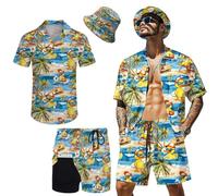 Hawaiian MenS 2 Piece Outfits Rave Duck Shirts Shorts Outfits Tropical Set with Hat, Vacation Duck, Medium