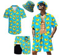 Hawaiian MenS 2 Piece Outfits Rave Shirts Shorts Outfits Tropical Set with Hat, Duck + Hat, Large