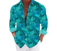 Hawaiian Ocean Style Printed Shirt for Men - Beach Casual Long Sleeved Shirt Classic Button Flip Collar Shirts No Pockets Design Shirts Beach Holiday Traveling Sun UV Protection Tops Light Blue