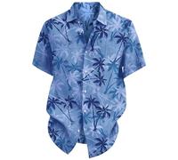 Hawaiian Palm Tree Shirt for Men Loose Fit Summer Collared Neck Shirt Short Sleeve Shirts Tropical Beach Shirts Casual Button Down Tops Comfy Lightweight Quick Drying Top Holiday Travelling Tops Blue