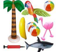 Hawaiian Party Decorations, 9-Piece Inflatable Set with Palm Tree, Flamingo and Beach Balls, Tropical Pool Party Decor for Beach Parties and Social Media Photos, Includes Hand Pump for Easy Setup