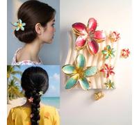 Hawaiian Plumeria Flower Claw Clips for Women Girls, 8 Pcs Hand Painted Flower Metal Hair Clips Strong Hold for Thick/Thin Hair, 2 Large + 2 Medium + 4 Small, Rose Red + Blue