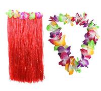 HAWAIIAN RED HULA GIRL SKIRT LONG 80CM VERSION WITH MULTICOLOURED LEI NECKLACE FANCY DRESS COSTUME