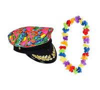 Hawaiian Sailor Captain Hat + Rainbow Multicoloured Lei Fancy Dress Summer Mens Womens Party Costume Accessory (Pack of 1, Pink)