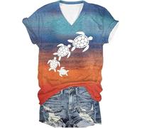 Hawaiian Sea Turtle Shirts V Neck Sea Turtle T Shirts for Women (Blue XXL) (XXL Blue Pink)