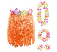 Hawaiian Set Fancy Dress Costume Kit Coloured 40cm Short Hula Skirt + Flower Lei Necklace + Pair of Flower Bracelets + Flower Headband 5 Piece Hawaii Grass Skirt Luau