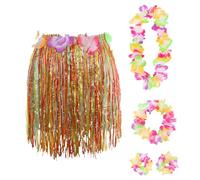 Hawaiian Set Fancy Dress Costume Kit Coloured 40cm Short Hula Skirt + Flower Lei Necklace + Pair of Flower Bracelets + Flower Headband 5 Piece Hawaii Grass Skirt Luau