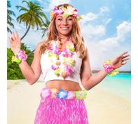 Hawaiian Set Fancy Dress Costume Kit Coloured 40cm Short Hula Skirt + Flower Lei Necklace + Pair of Flower Bracelets + Flower Headband 5 Piece Hawaii Grass Skirt Luau