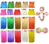 HAWAIIAN SET FANCY DRESS **DELUXE** COSTUME KIT COLOURED 40CM SHORT HULA SKIRT + FLOWER LEI NECKLACE + PAIR OF FLOWER BRACELETS + FLOWER HEADBAND + FLOWER BRA - 5 PIECE HAWAII GRASS SKIRT LUAU HAWAIIAN SKIRT (GREEN)