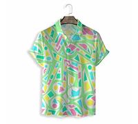 Hawaiian Shirt, Fashion Green Music Notation Geometry Pattern Men'S Short Sleeve Beach Shirt Button Down Summer Casual Shirts Tropical Print Quick Dry Holiday Party Aloha Shirt