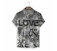Hawaiian Shirt, Fashion Grey Love Letter Graffiti Pattern Men'S Short Sleeve Beach Shirt Button Down Summer Casual Shirts Tropical Print Quick Dry Holiday Party Aloha Shirt