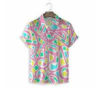 Hawaiian Shirt, Fashion Pink Music Notation Geometry Pattern Men'S Short Sleeve Beach Shirt Button Down Summer Casual Shirts Tropical Print Quick Dry Holiday Party Aloha Shirt