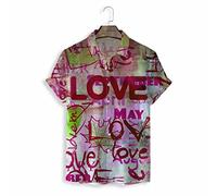Hawaiian Shirt, Fashion Purple Love Letter Graffiti Pattern Men'S Short Sleeve Beach Shirt Button Down Summer Casual Shirts Tropical Print Quick Dry Holiday Party Aloha Shirt