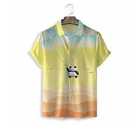 Hawaiian Shirt, Fashion Yellow Cute Panda Balloon Pattern Men'S Short Sleeve Beach Shirt Button Down Summer Casual Shirts Tropical Print Quick Dry Holiday Party Aloha Shirt