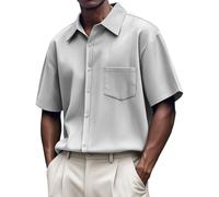 Hawaiian Shirt for Men Gingham Striped Shirts with Pocket Short Sleeve Button Wrinkle- Free Tshirt Summer Beach Tops Camisas Negras para Hombre(White, L)