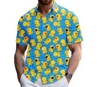 Hawaiian Shirt for Men Short Sleeve Casual Tops for Beach, Retro 80s 90s Memphis Graphics Rubber Duck Blue, XXL