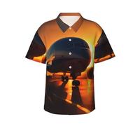 Hawaiian Shirt for Men Summer Beach Short Sleeve Button Down Shirts Airplane at Sunset Printed Tropical Vacation Shirts Black