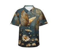 Hawaiian Shirt for Men Summer Beach Short Sleeve Button Down Shirts Daisies and Golden Butterflies Printed Tropical Vacation Shirts