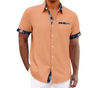 Hawaiian Shirt for Men Summer Textured T-Shirts with Pocket Floral Shirts Casual Short Sleeve Button Up Tropical Tops Camisa De Algodon para Hombre(Orange, L)