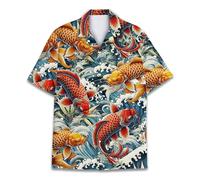 Hawaiian Shirt for Men Women Funny Hawaiian Shirt Mens Summer Beach Aloha Short Sleeve Casual Button Down, Koi Fish, Large
