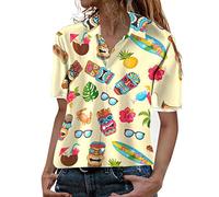 Hawaiian Shirt for Women Button Up Short Sleeve Shirts Tropical Print Hawaii Floral Tropic Blouses Summer Beach Top Vacation (Yellow, L) Oversized T Shirts for Women Ladies Custom T Shirt